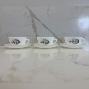 Three Vintage Arcopal France Milk Glass Espresso Cups and Saucers with Daisies